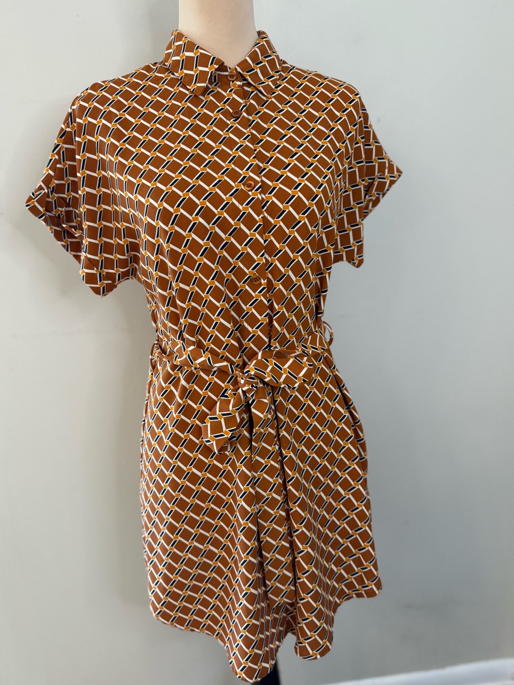 E & M retro 70s short dress geometric brown blue yellow SM